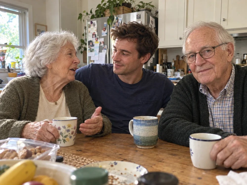 A young man listening to his grandmother beside his grandfather at a kitchen table