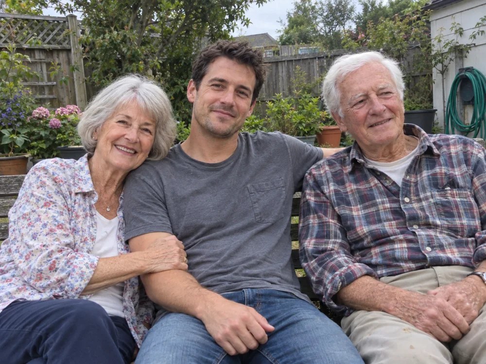 A young man sitting closely with two grandparents on a garden bench
